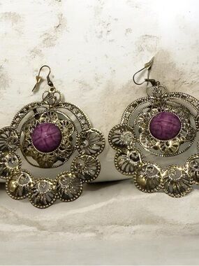 Gold-Tone Filigree Drop Earrings with Purple Stone Accents